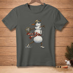 Dark gray t-shirt featuring a snowman with a hat, sunglasses, and scarf, holding a "Wind Up" sign.