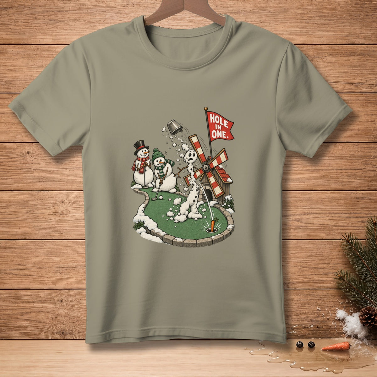 Snowmen play mini golf with a windmill and a "Hole in One" flag.