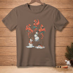 Brown t-shirt with cartoon flamingos and melting snowmen graphic.