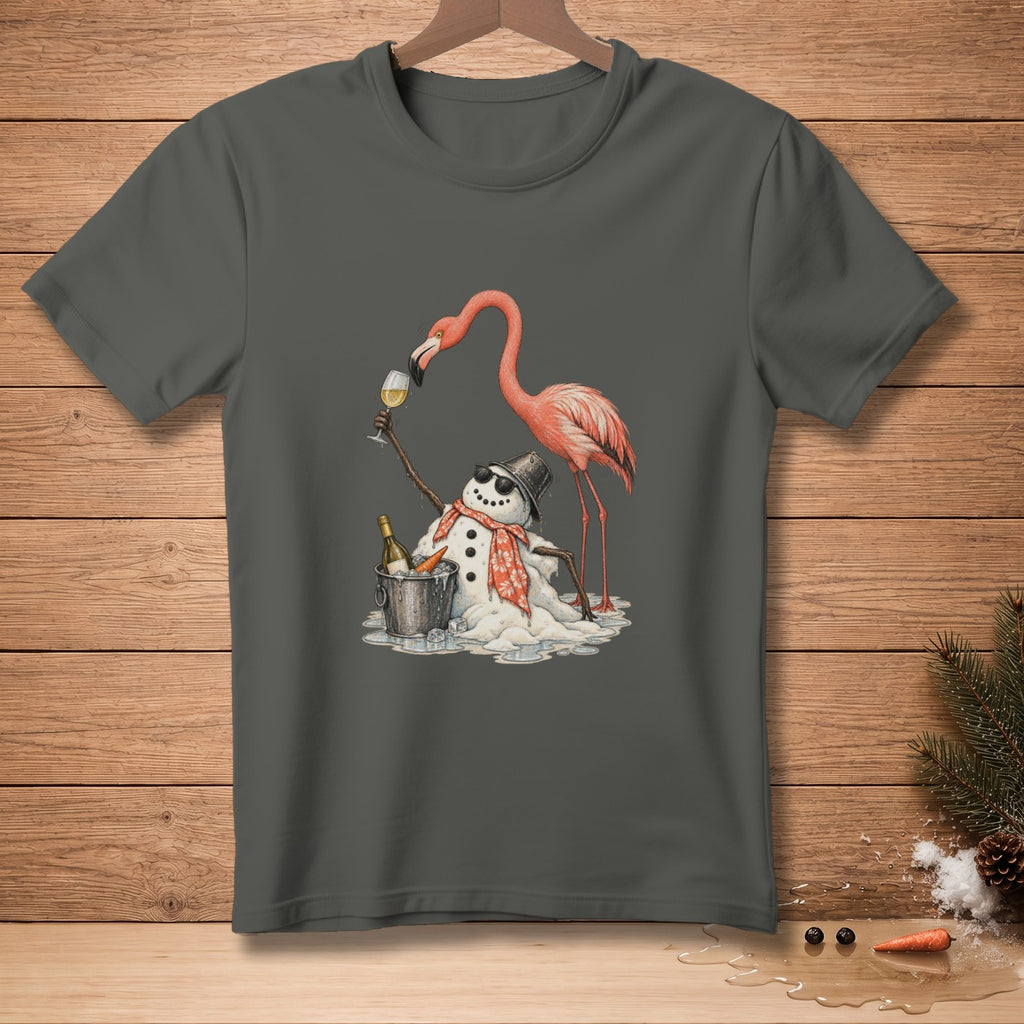 Flamingo offers wine to melting snowman wearing sunglasses and a scarf.