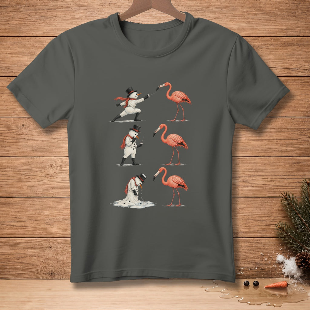 Snowman fencing and melting next to flamingos on a dark gray t-shirt.