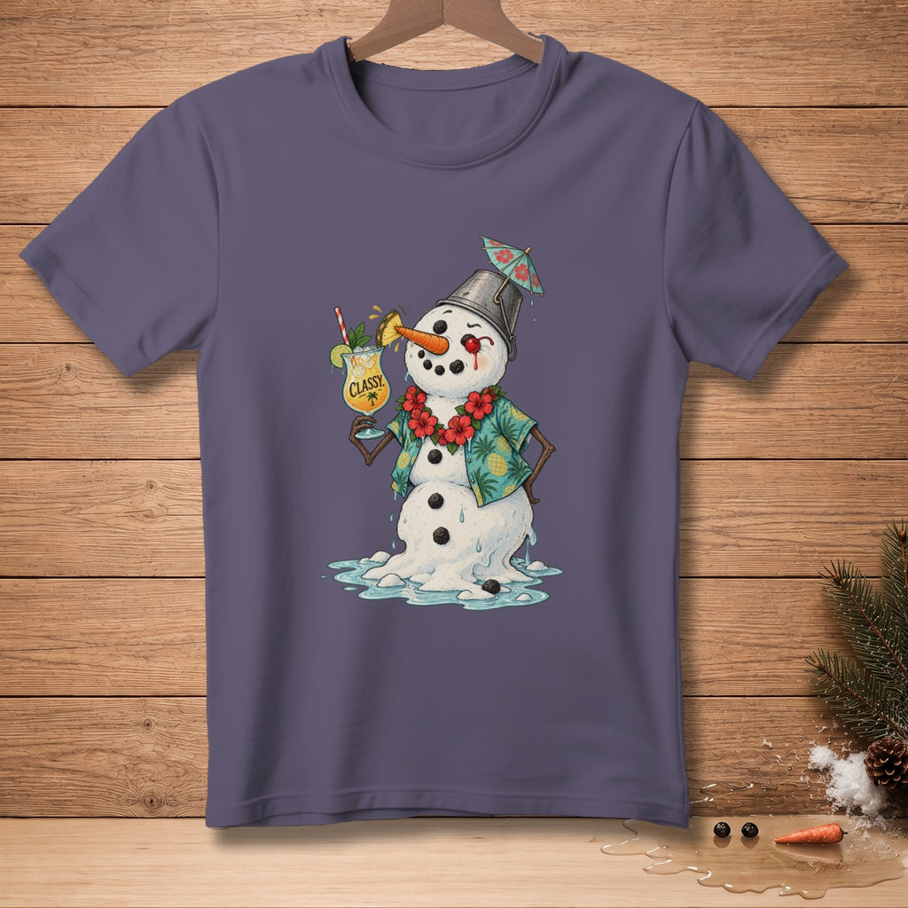 Melting snowman in Hawaiian shirt holds a cocktail and an umbrella.