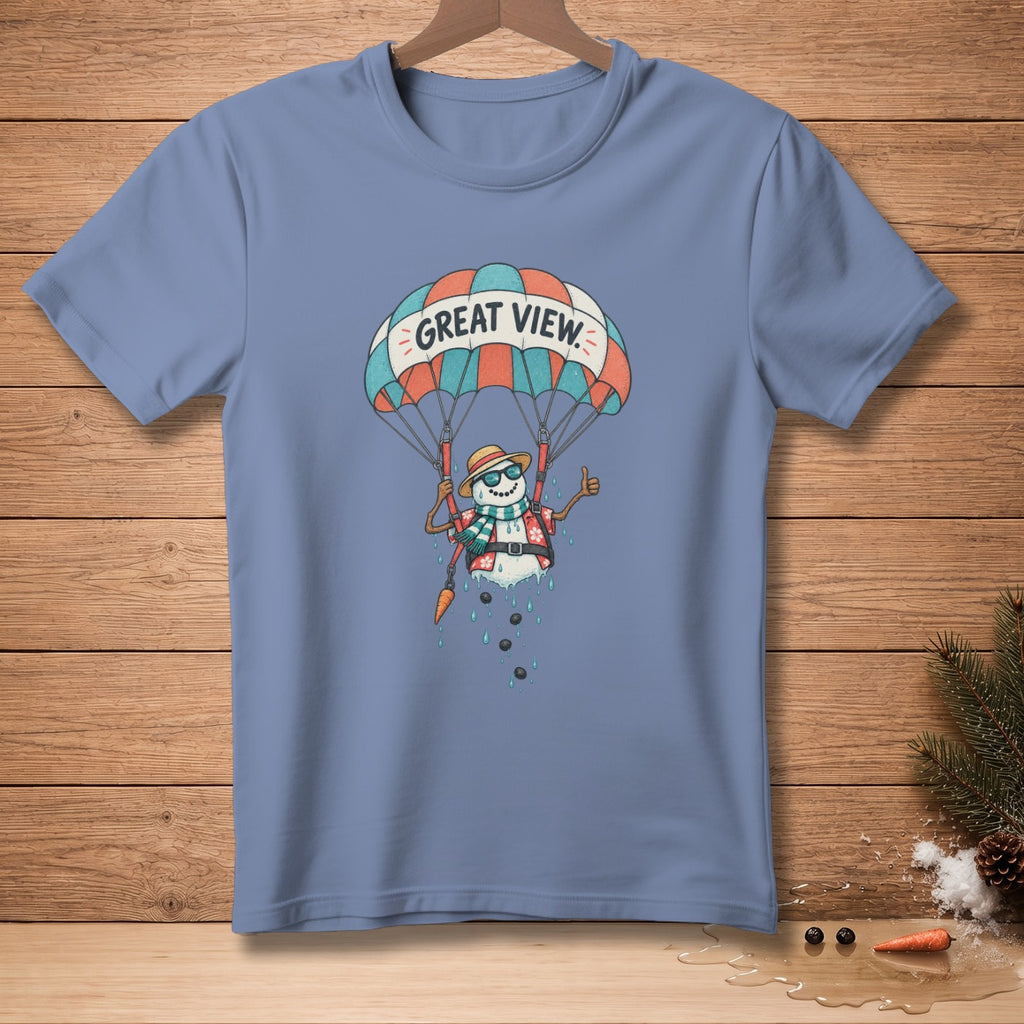 T-shirt design with a snowman parachuting with "GREAT VIEW" text.