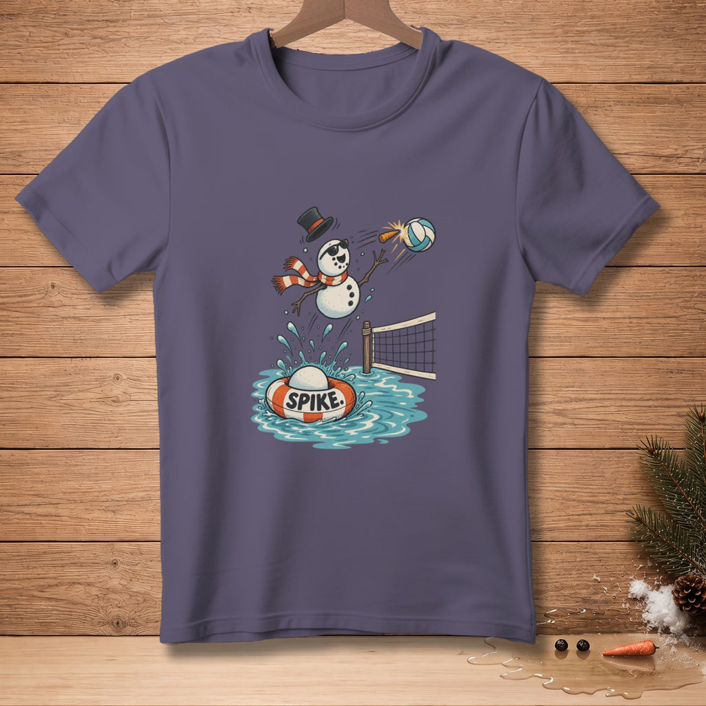 Snowman playing volleyball in water, with a lifebuoy labeled "SPIKE."