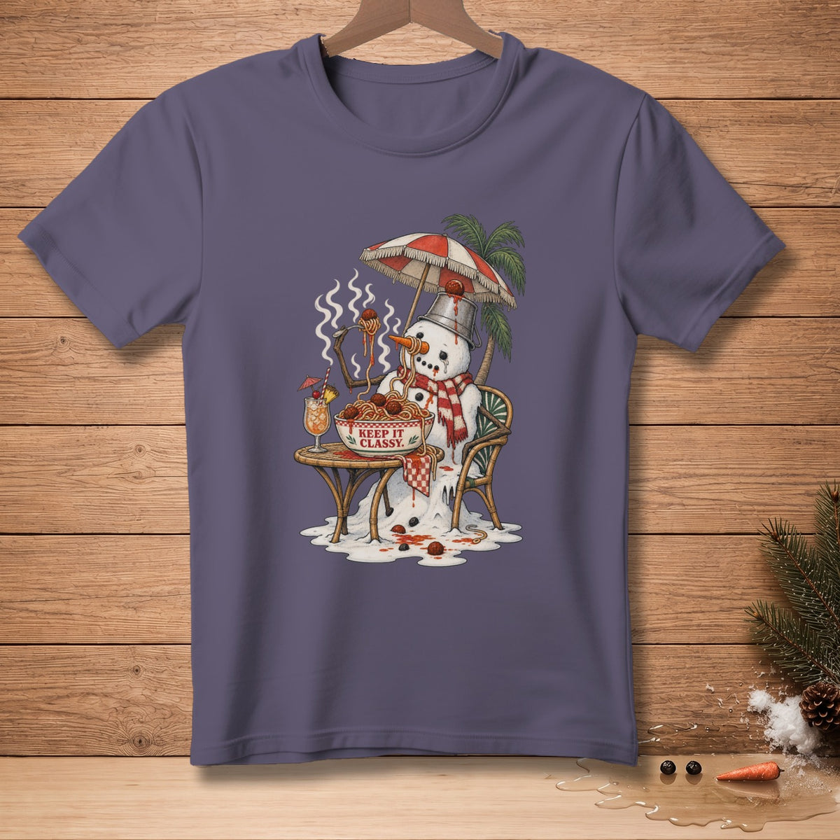 Snowman eating spaghetti under umbrella with text "KEEP IT CLASSY".