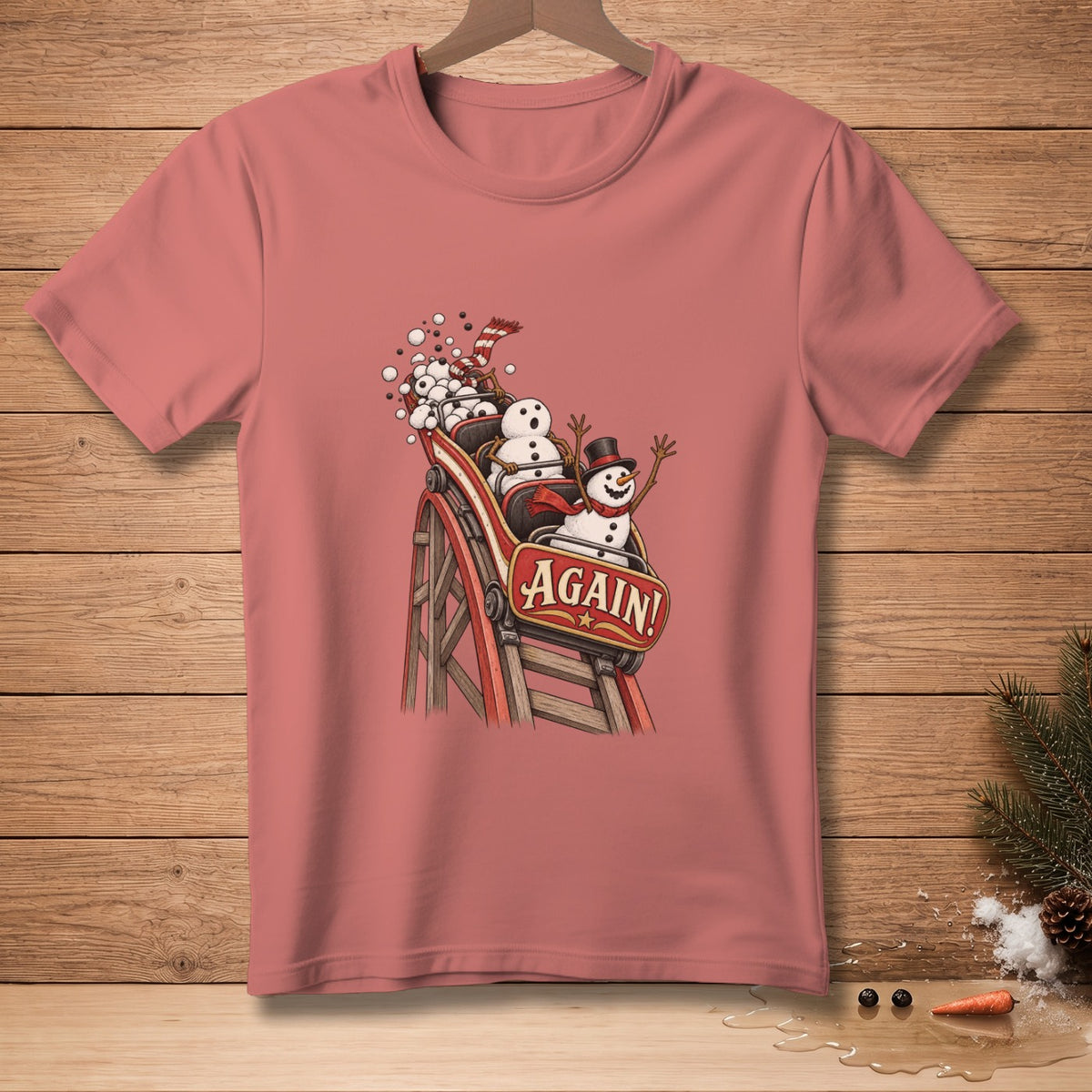 Snowmen on a roller coaster with "AGAIN!" text on the cart.