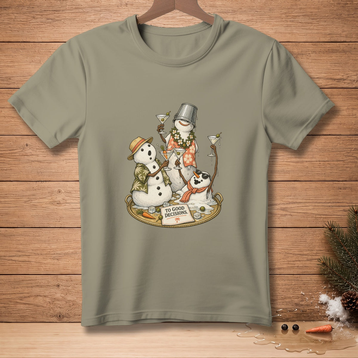 T-shirt with three melting snowmen on a tray, holding cocktails and wearing Hawaiian shirts.