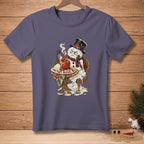 Melting snowman with grumpy face sits at table, with "RUDE" text.