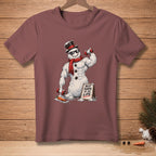 Muscular snowman in sunglasses and hat lifts weights, holding sign "Best Shape of My Life."