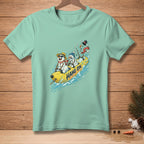 Two snowmen riding a yellow banana boat with the words "Hang On."