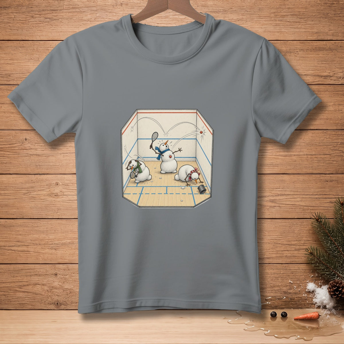 T-shirt with cartoon snowmen playing squash in a court.