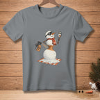 Melting snowman with sunglasses, scarf, and "Sun-Kissed" spray tan bottle.