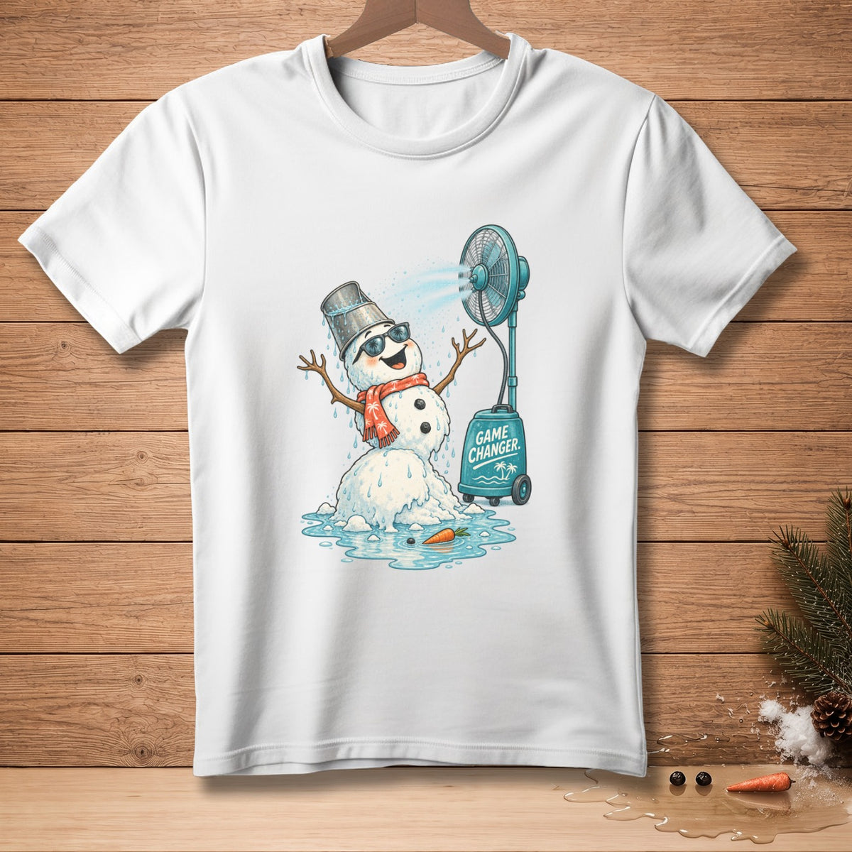 Melting snowman with fan blowing ice and text "GAME CHANGER".