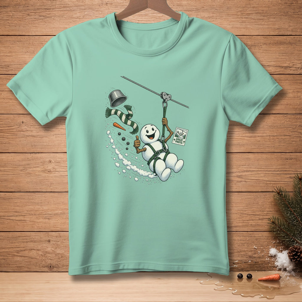 Snowman with harness ziplining, giving a thumbs up, and holding a "Great Photo" sign.