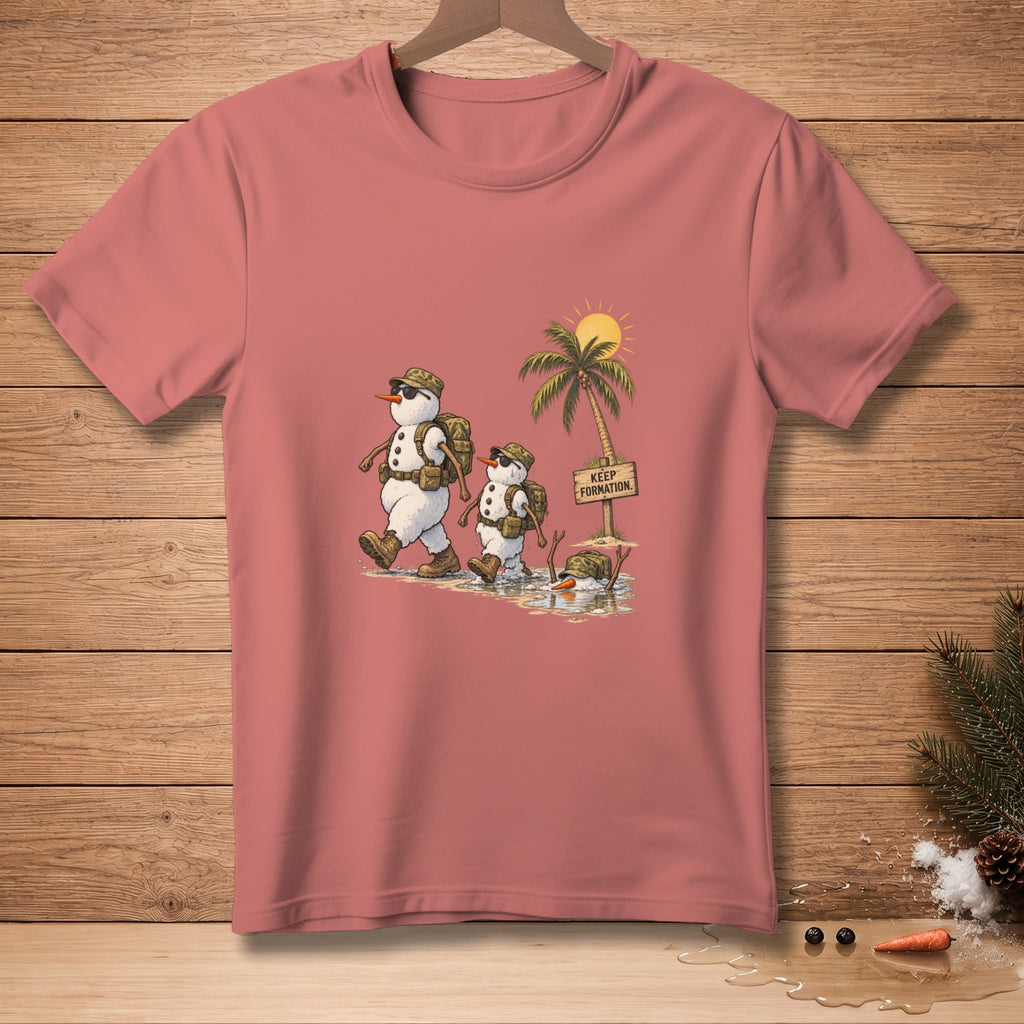 Two snowmen with backpacks walk past a sign reading "Keep Formation" near a palm tree.