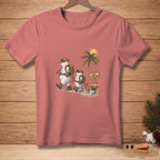Two snowmen with backpacks walk past a sign reading "Keep Formation" near a palm tree.