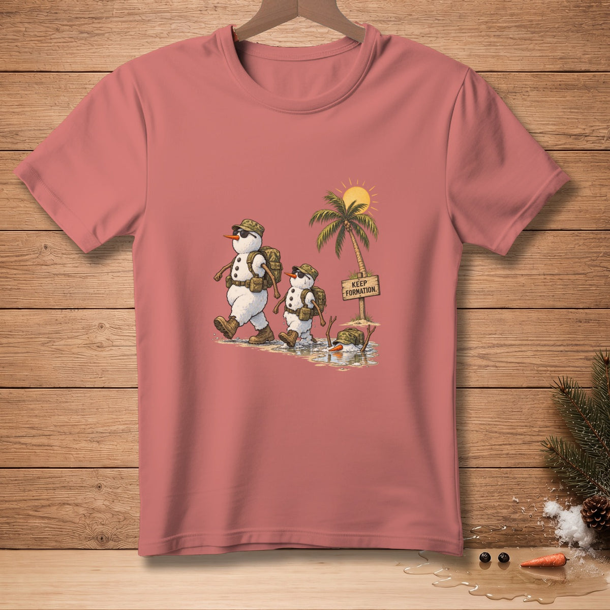 Two snowmen with backpacks walk past a sign reading "Keep Formation" near a palm tree.