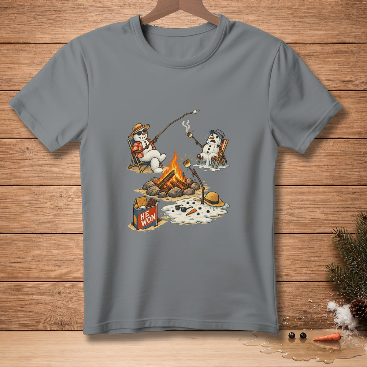 Snowmen roasting marshmallows by a campfire, one melting, one with "HE WON".