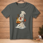 Snowman chef with a pan of crème brûlée and text "CHEF'S KISS."