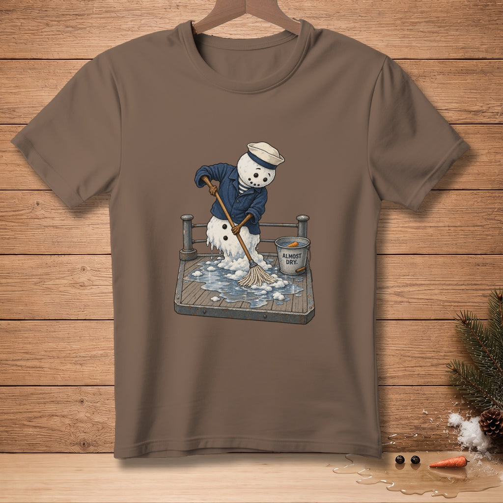 Snowman in sailor outfit mops a wet deck with a bucket labeled "Almost Dry".