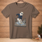 Snowman in sailor outfit mops a wet deck with a bucket labeled "Almost Dry".