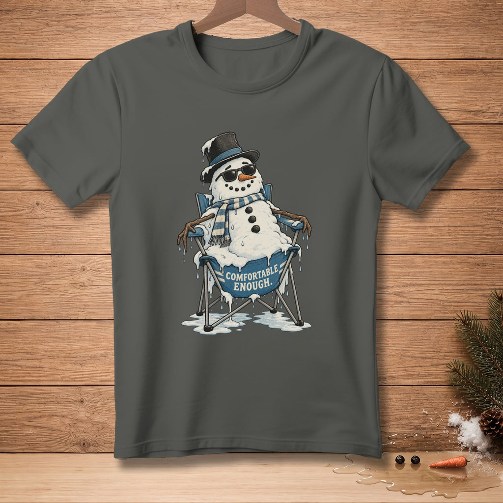 Melting snowman wearing sunglasses and scarf sits in a chair, text reads "COMFORTABLE ENOUGH".