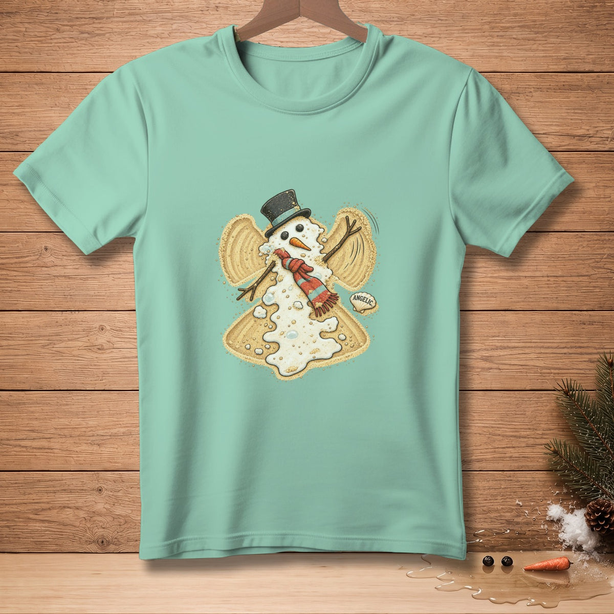 T-shirt with a melting snowman angel graphic saying "Angelic".