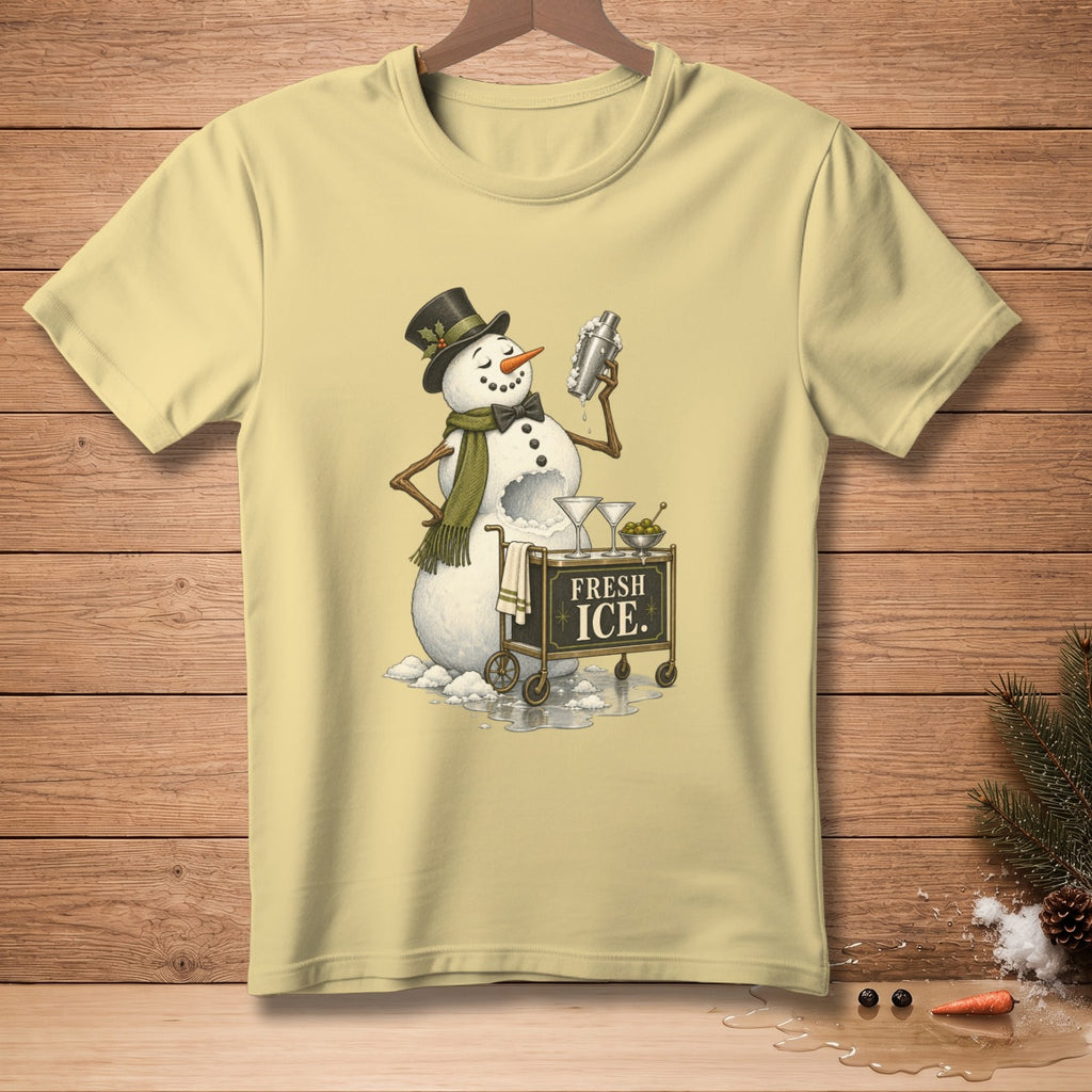 Snowman in top hat and scarf holding cocktail shaker with "Fresh Ice" cart.