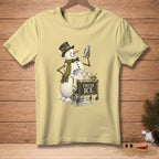 Snowman in top hat and scarf holding cocktail shaker with "Fresh Ice" cart.