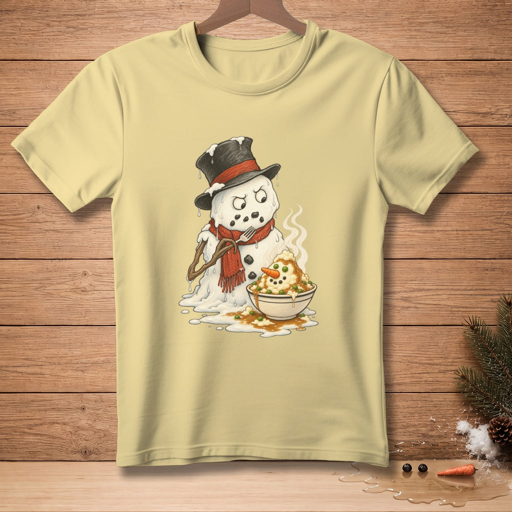 Melting snowman wearing a hat and scarf eats mashed potatoes from a bowl.