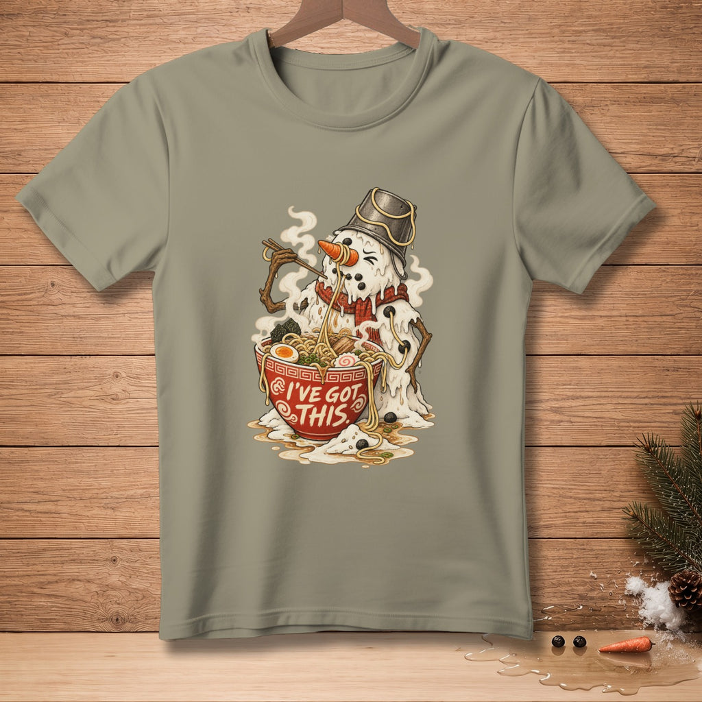 Snowman eating ramen with text "I'VE GOT THIS" on bowl.