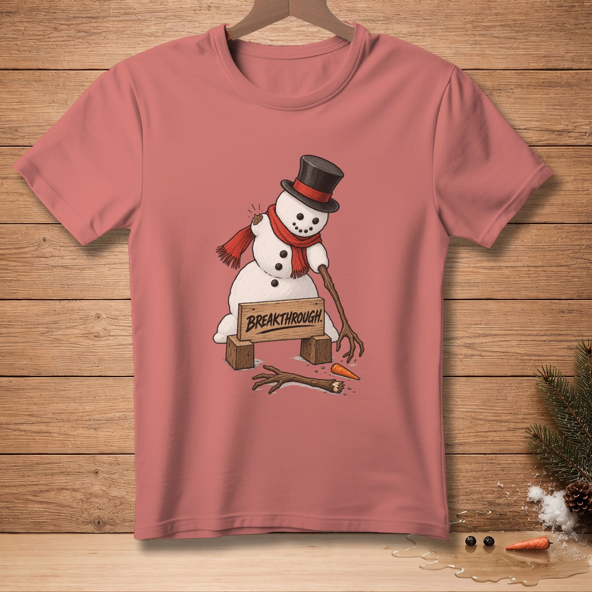 T-shirt graphic of a melting snowman breaking through a wooden sign reading "BREAKTHROUGH".