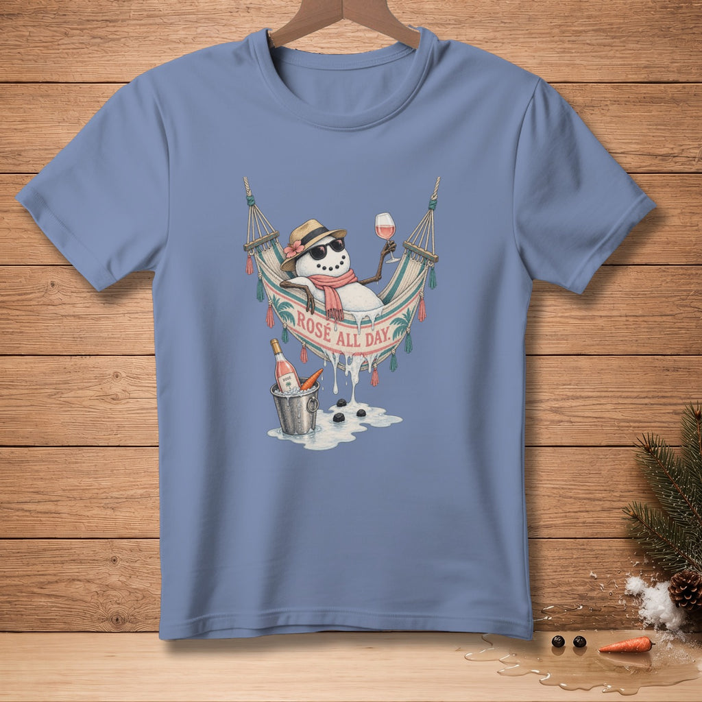 Snowman in a hammock with rosé and text "Rosé All Day".