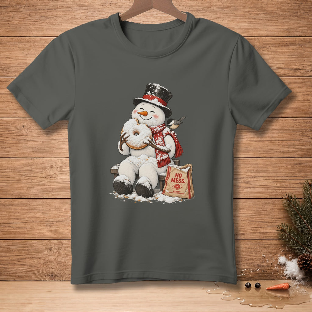 Snowman in top hat eating donut next to "No Mess Bakery" bag.
