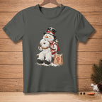 Snowman in top hat eating donut next to "No Mess Bakery" bag.