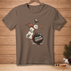 Brown t-shirt with a cartoon snowman bowling, text "FOLLOW THROUGH".