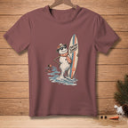 Melting snowman with sunglasses and scarf holding a surfboard with text.