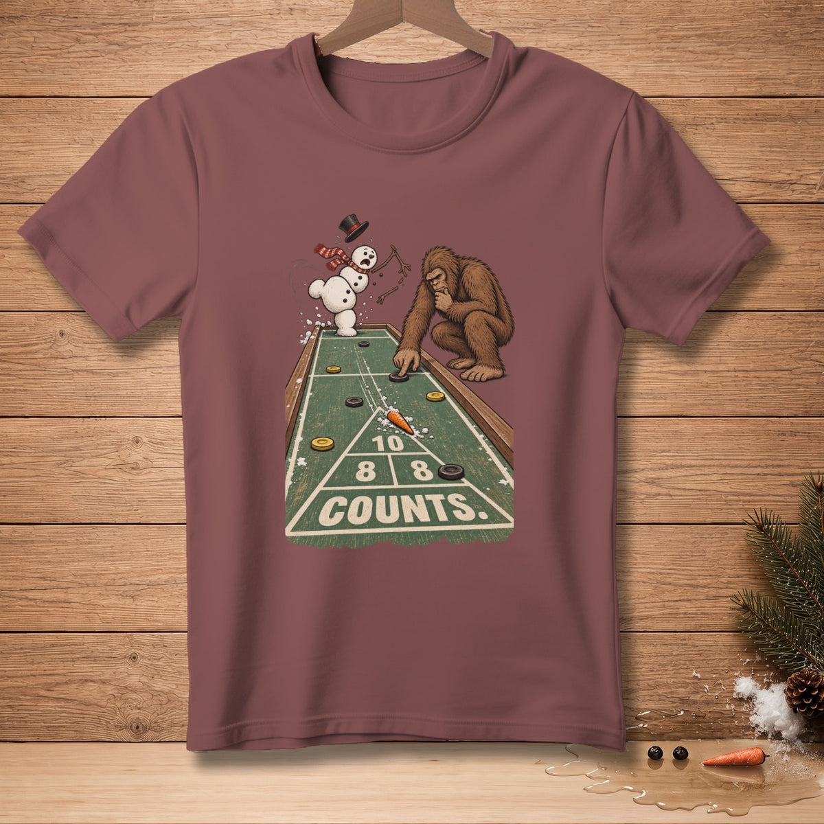 Bigfoot and snowman playing shuffleboard with scores 10, 8, 8, COUNTS.