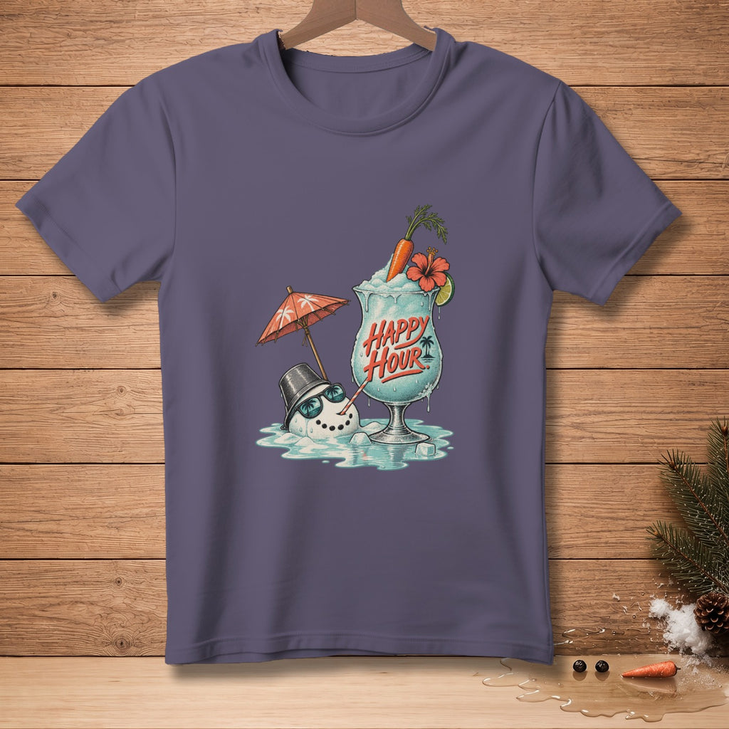 T-shirt with melting snowman, umbrella, and "Happy Hour" cocktail graphic.