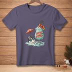 T-shirt with melting snowman, umbrella, and "Happy Hour" cocktail graphic.