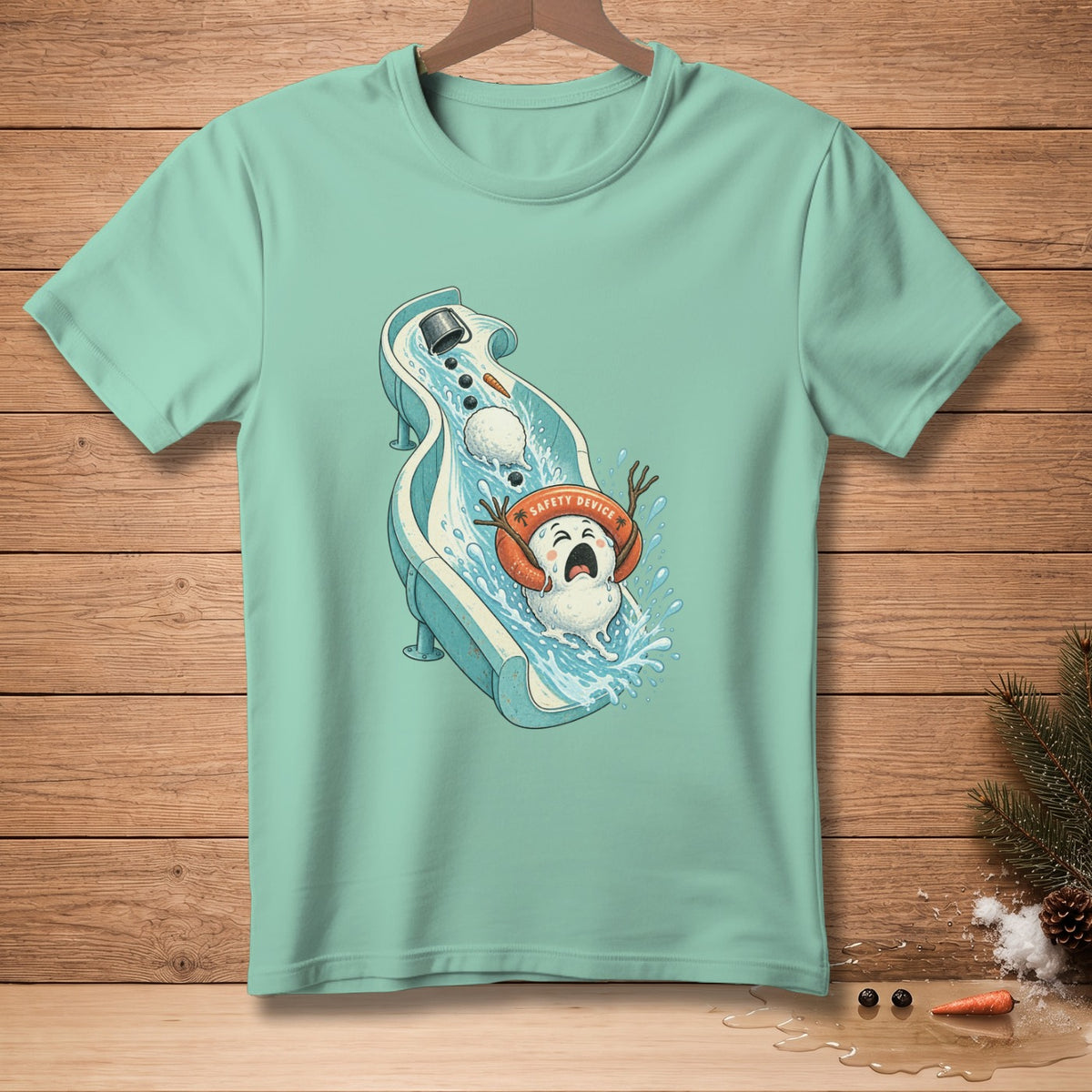 Snowman sliding down water slide wearing "safety device" life preserver.