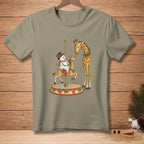 Giraffes and snowman on a carousel with a carrot and holiday decorations.