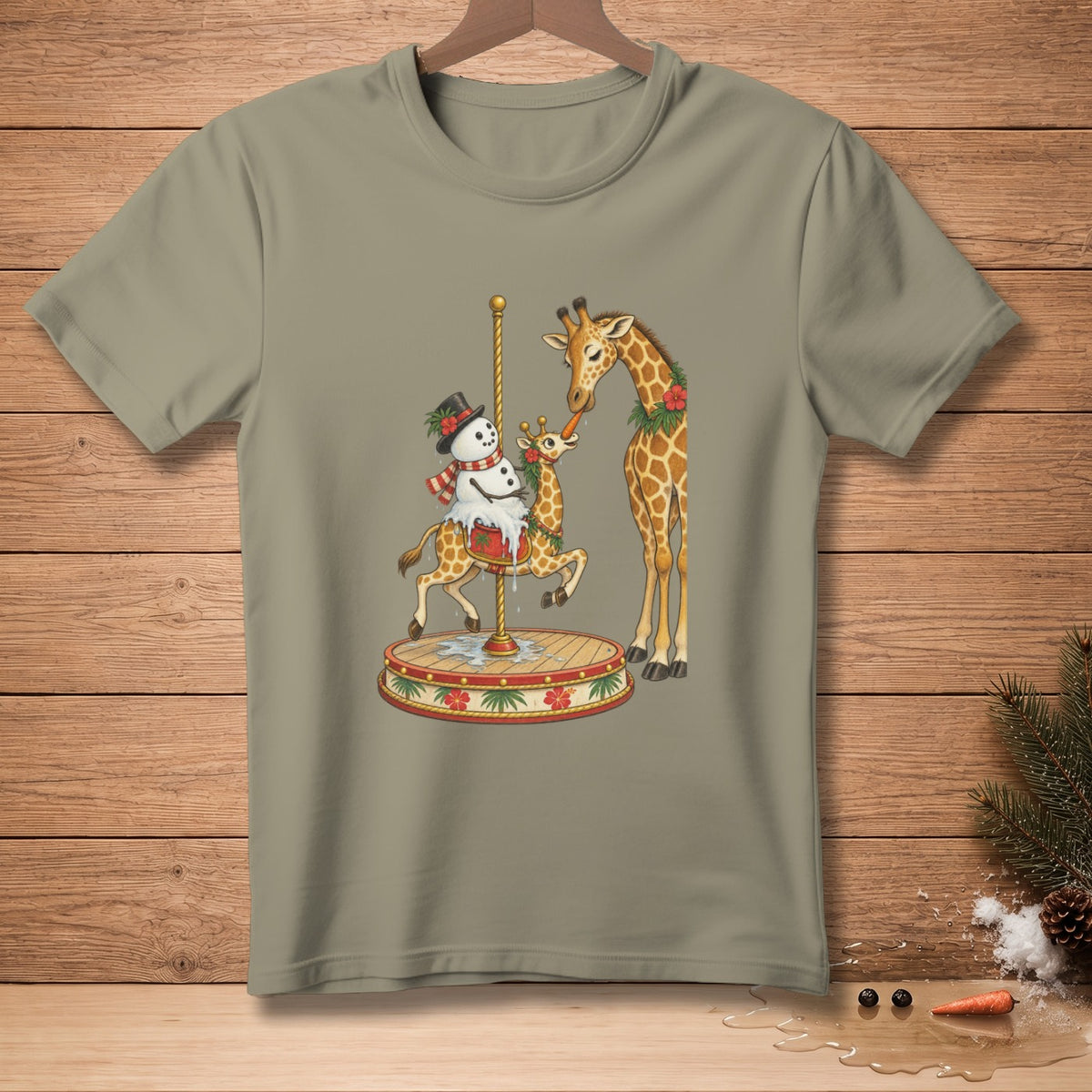 Giraffes and snowman on a carousel with a carrot and holiday decorations.