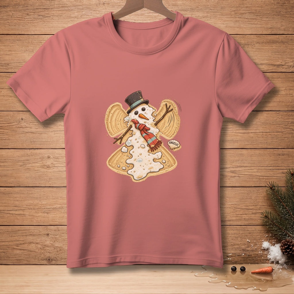 T-shirt with a melting snowman angel graphic and the word "ANGELIC".