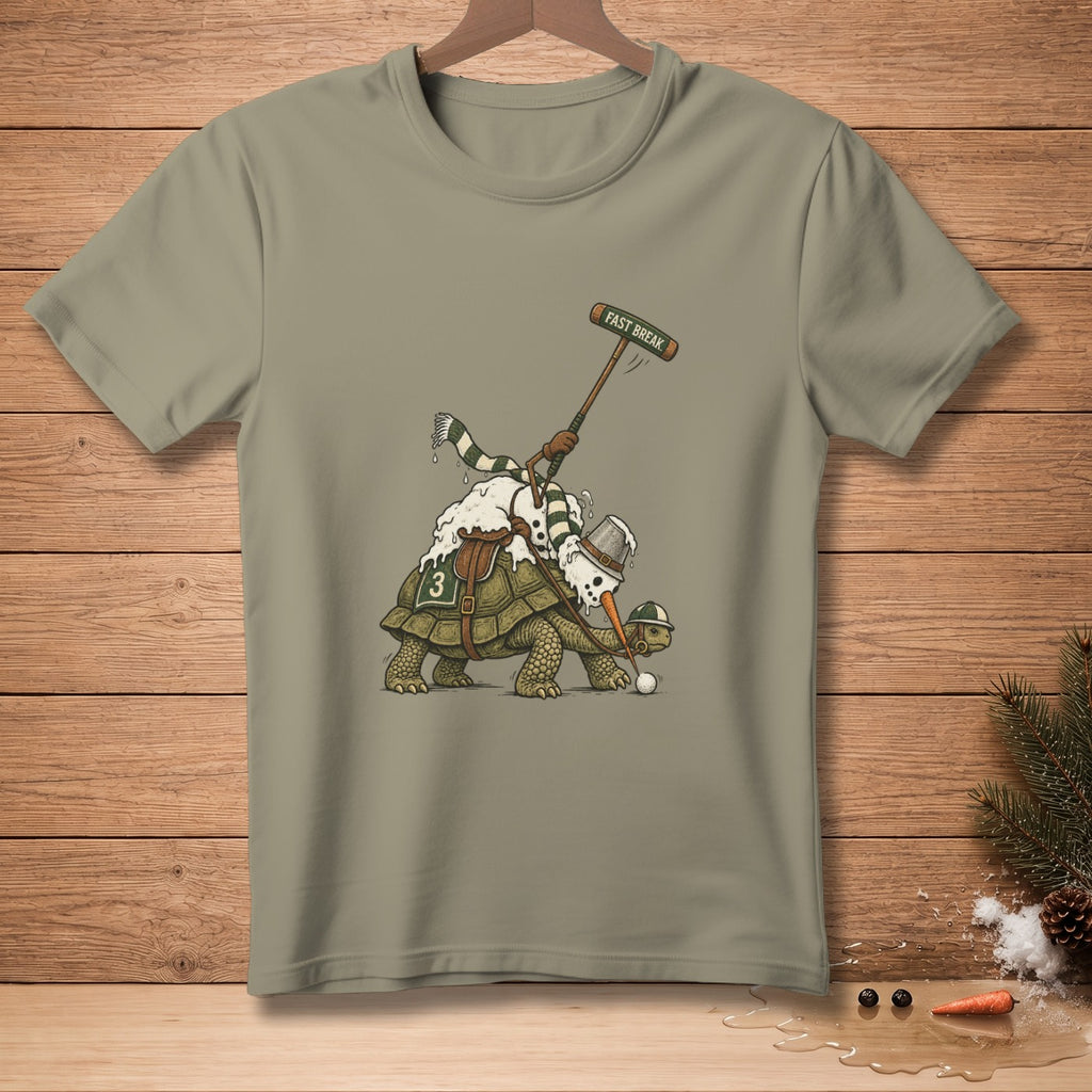 Snowman riding a tortoise playing polo with "FAST BREAK" text.