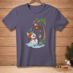 Melting snowman with cocktails and a monkey on a palm tree.