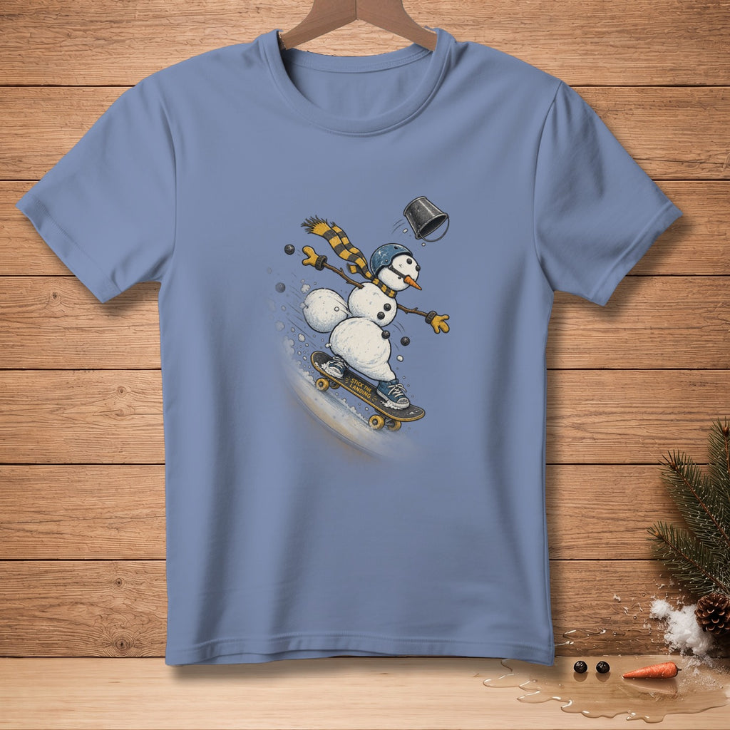 Snowman skateboarding with a bucket falling off, "Stick the Landing" text on skateboard.