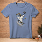 Snowman skateboarding with a bucket falling off, "Stick the Landing" text on skateboard.