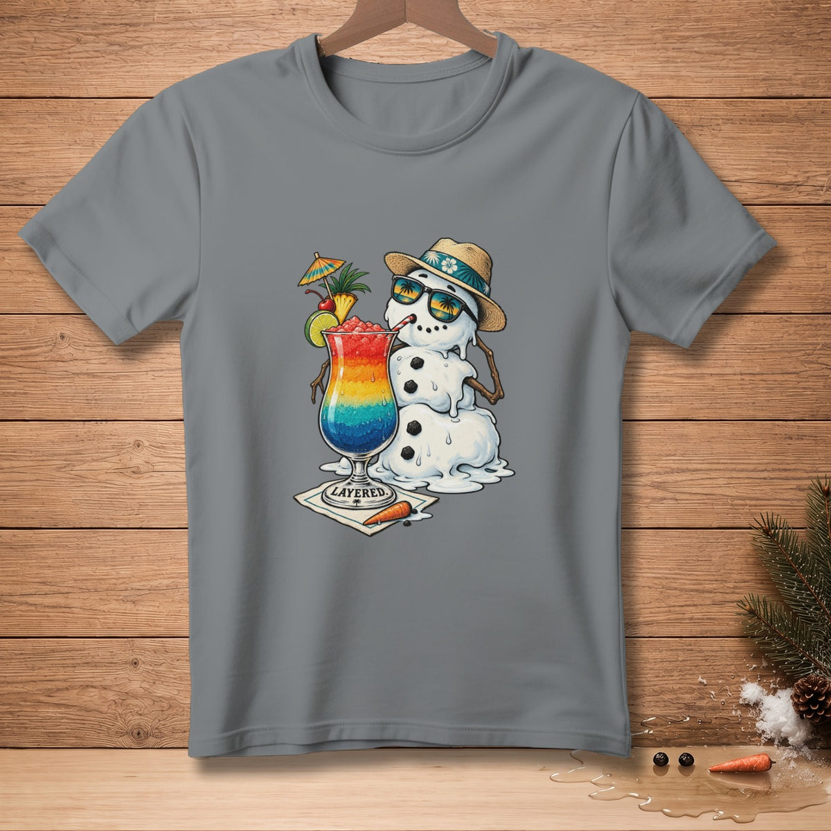 Melting snowman with sunglasses and straw hat holding a layered tropical drink.