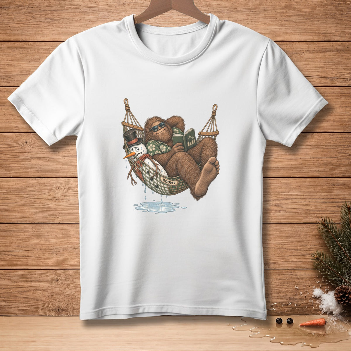 Bigfoot and snowman relaxing in a hammock, reading a book.